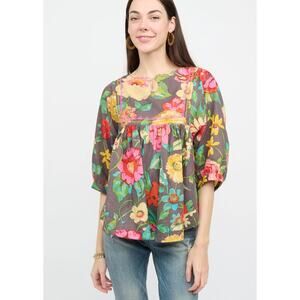 Ivy Jane 100% Cotton Brown Multi Color Floral Embroidered Top Size Small